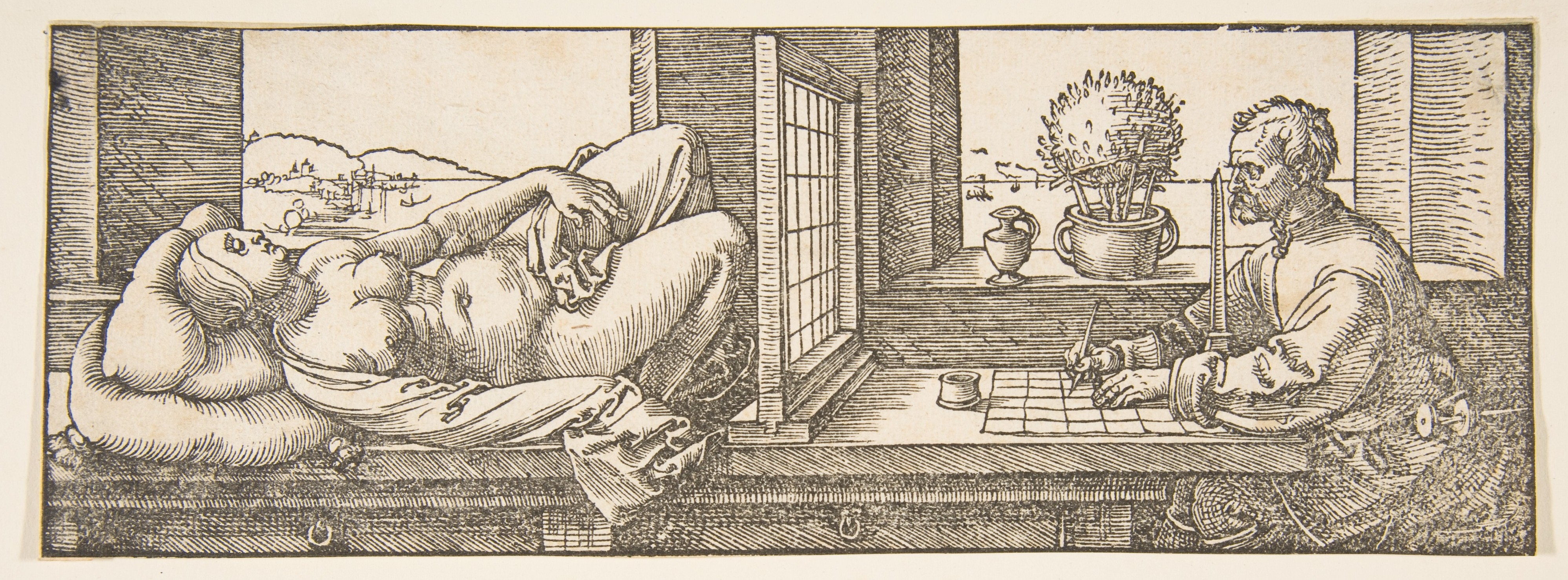 Albrecht Dürer's woodcut of a draughtsman drawing a reclining woman through a gridded screen, recording her onto gridded paper.