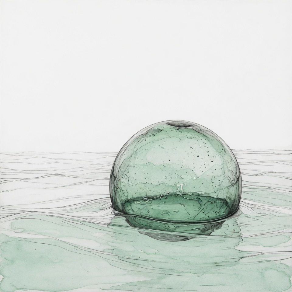 Drawing of a green glass fishing float riding on open water, most of its globe hidden below the surface.