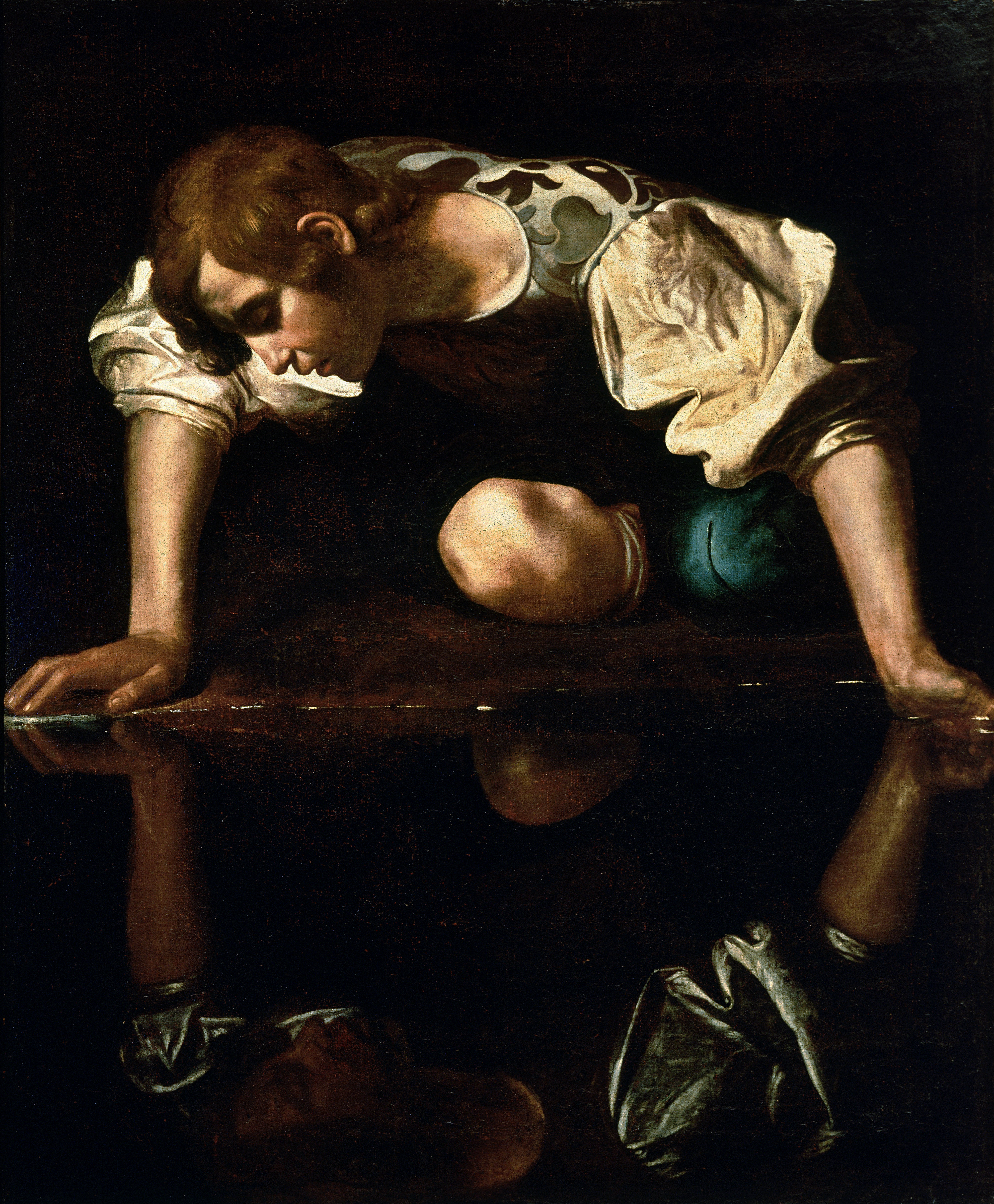Caravaggio's Narcissus (1594–96): a youth bent over dark water, arms braced, gazing at his own reflection.