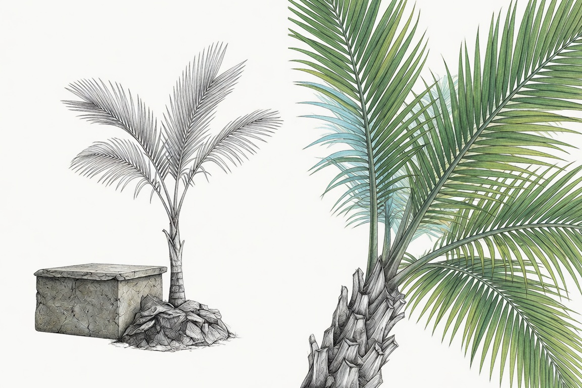 Two drawings of a young palm: in graphite beside a stone altar, and again close up in color.
